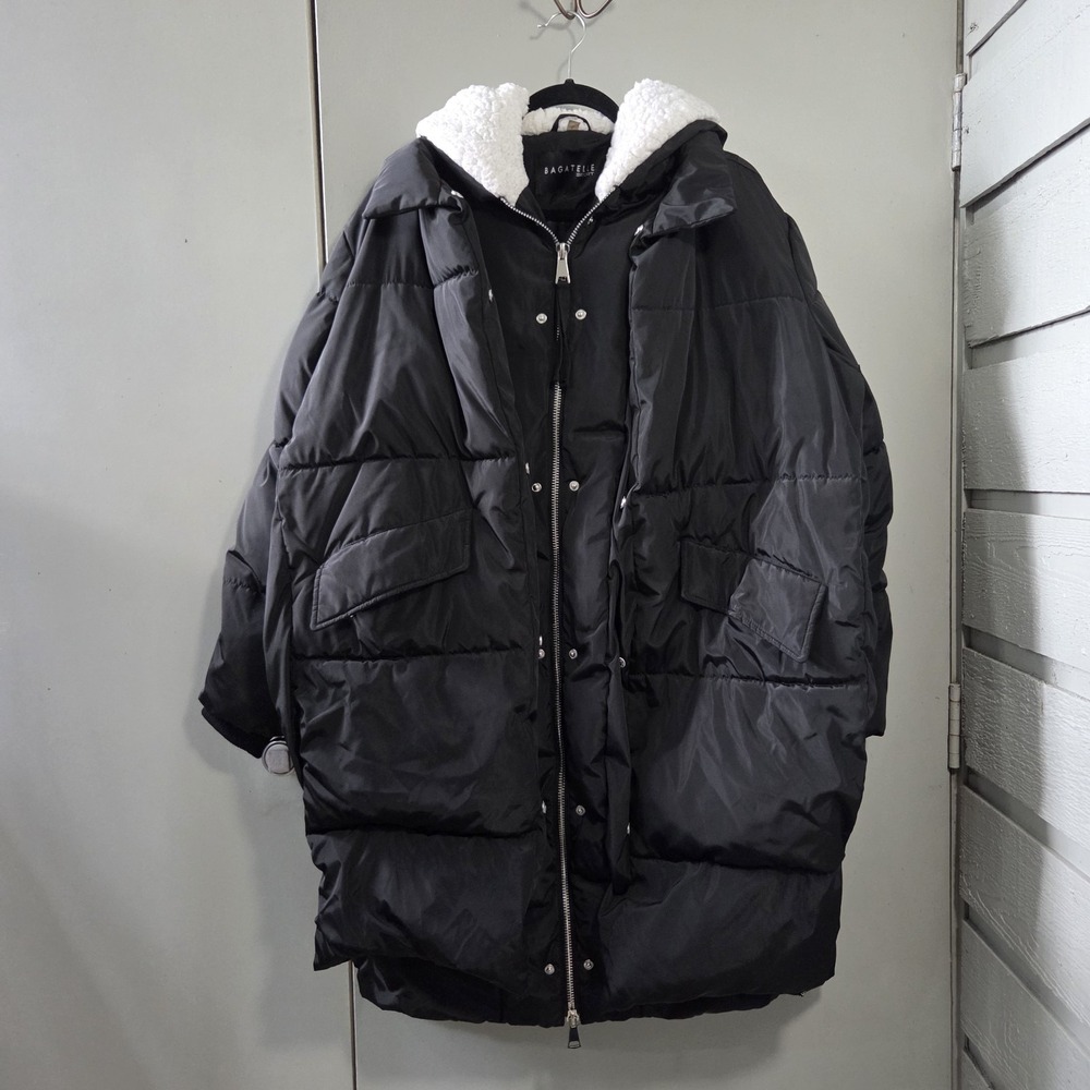 Womens L Black Long Puffer Coat Convertible Cocoon Boxy Sherpa Hood Adjustable